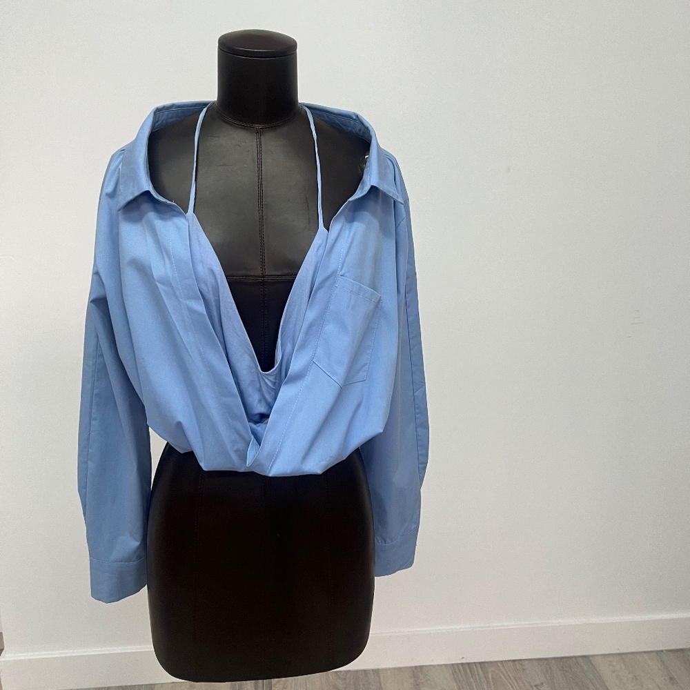 Light Blue Oversized Button-Down Shirt | Off-Shoulder Twist Front Top | Chic